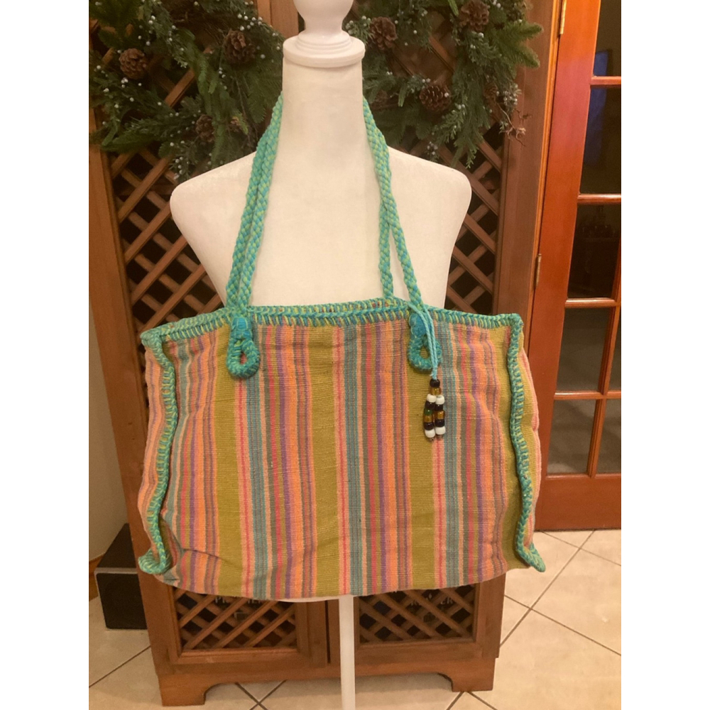 Catstudio Boho Coastal Beach Resort Woven Striped Tote Drawstring Lined Bag
